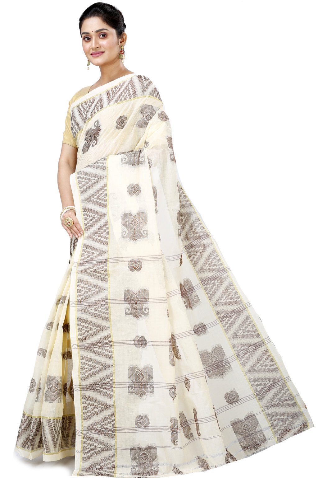 White Brown Pure Cotton Gargi Tant Saree (912)